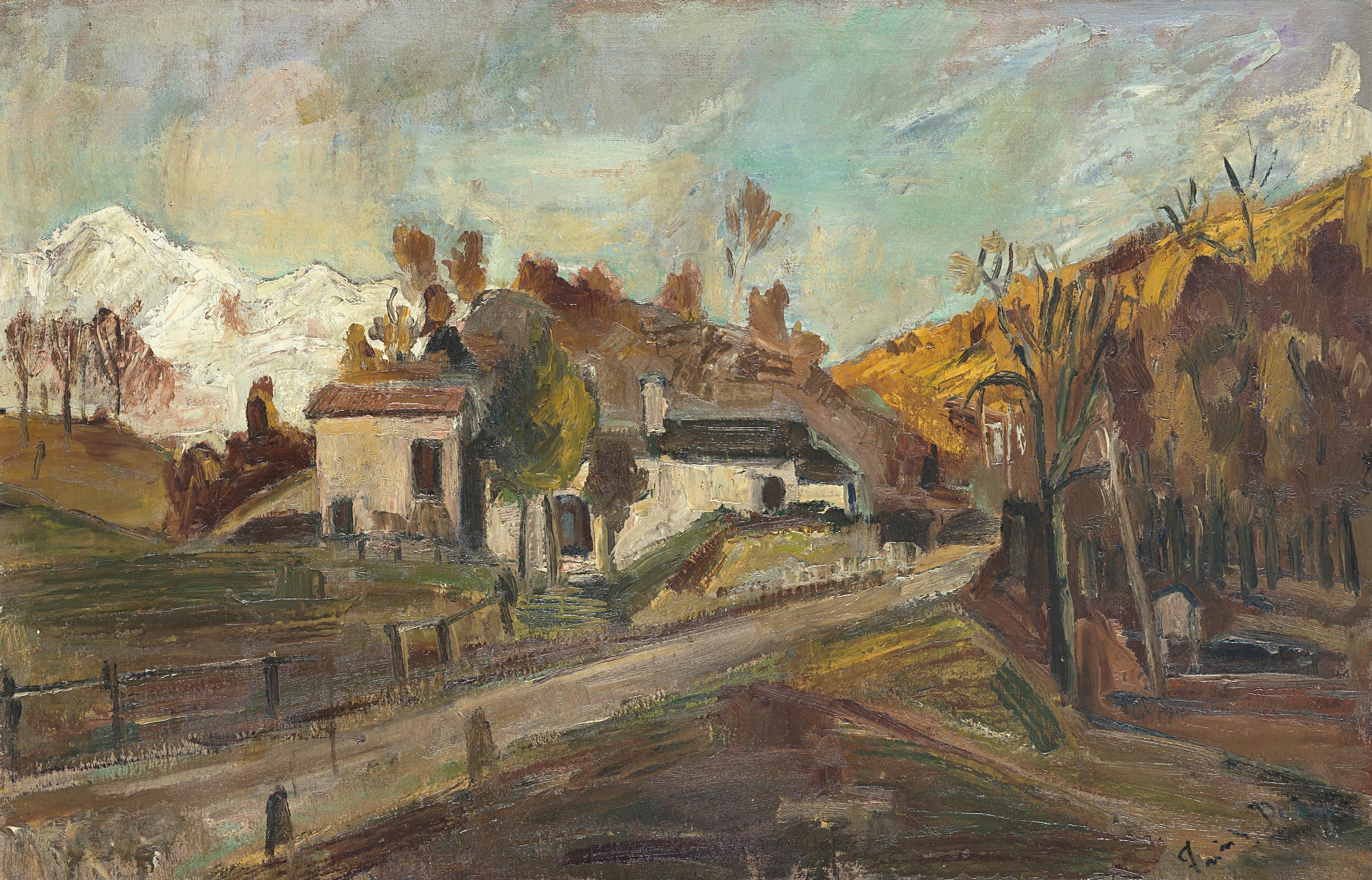 Donato Frisia - Paesaggio autunnale con montagne innevate sullo sfondo