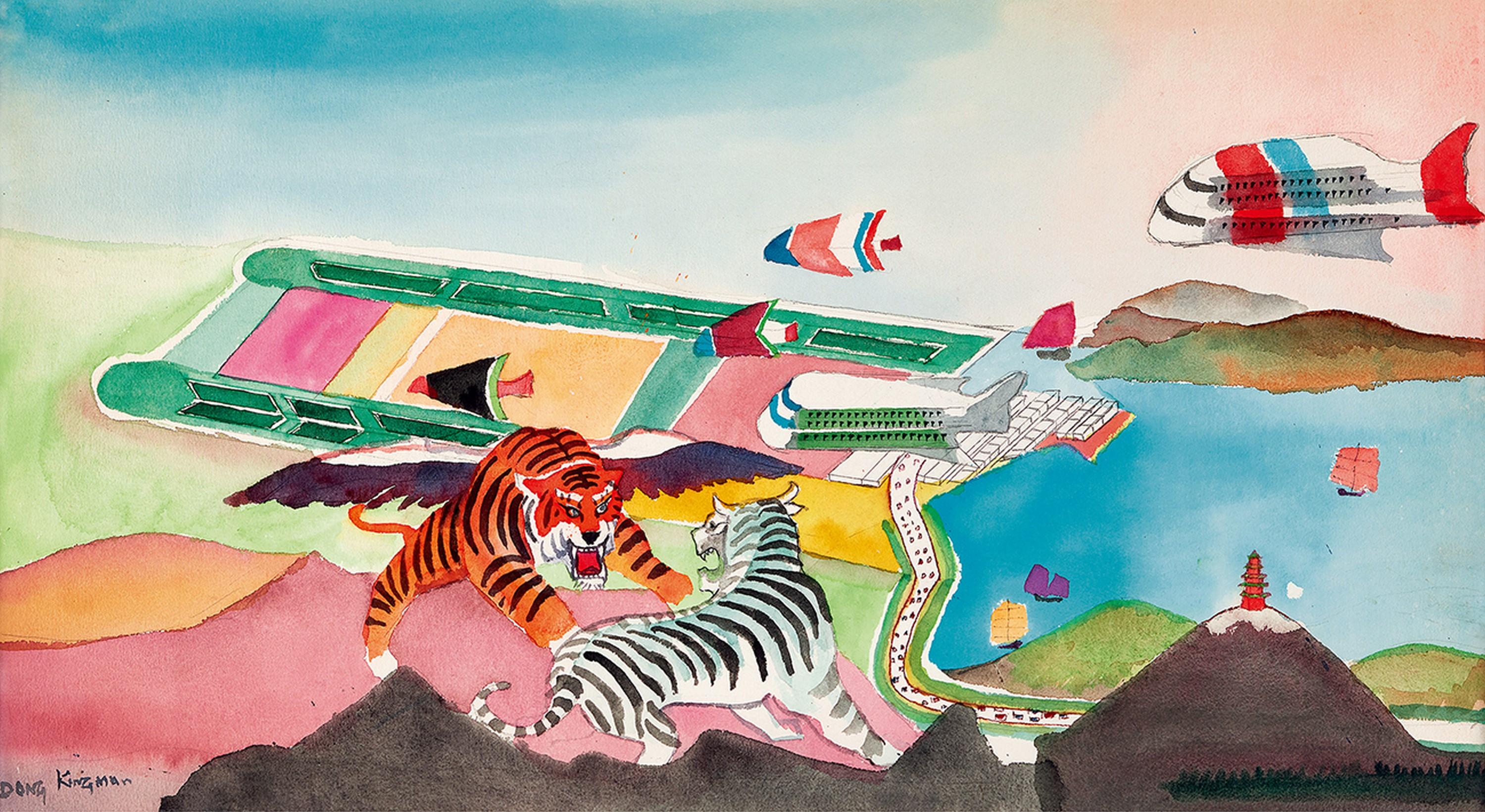 Dong Kingman - Two Tigers In Hong Kong International Airport(Painted In 1995)