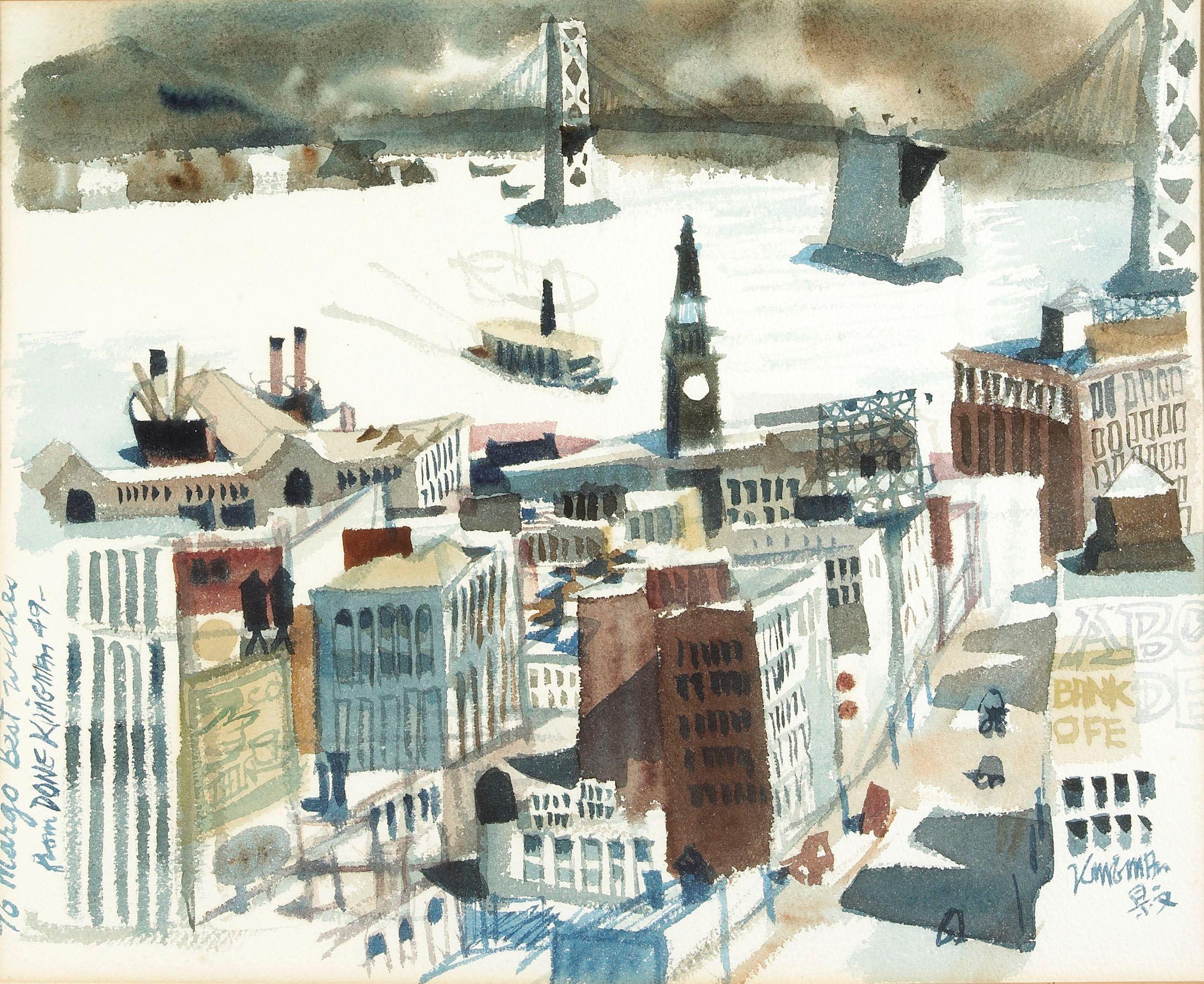 Dong Kingman - View of Ferry Building with Bay Bridge in the Distance, San Francisco