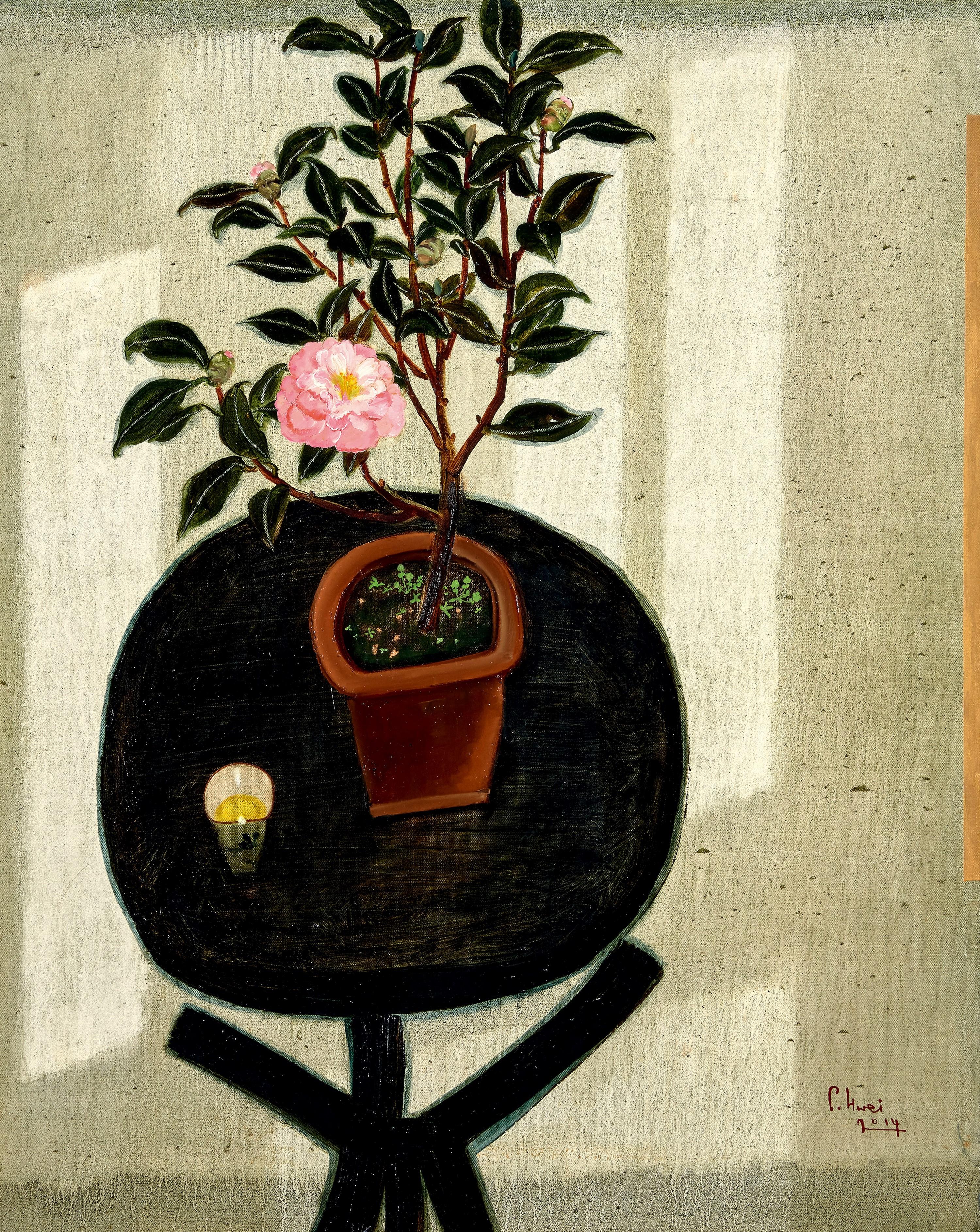 Dong Shaw-Hwei - Pink Camellia In The Morning (Painted In 2014)