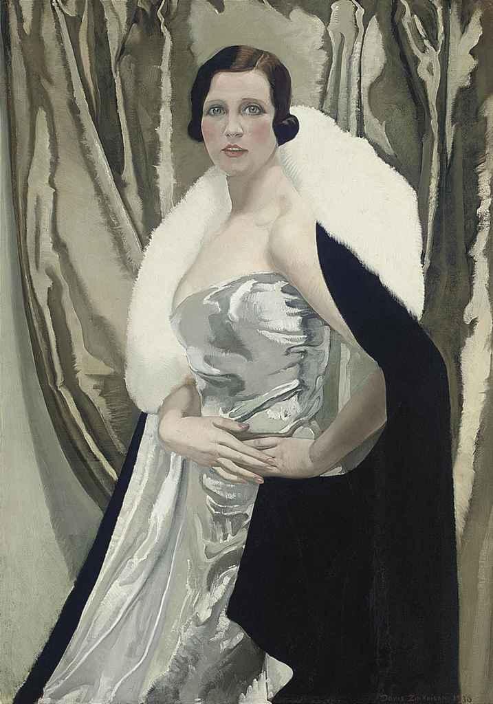 Doris Clare Zinkeisen, R.O.I. - Portrait of Mrs Irwin Buxton, three-quarter-length, in a silver dress and a black wrap with white fur trim