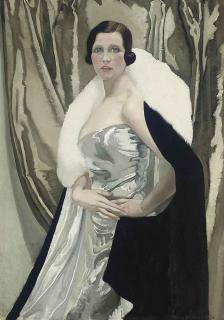 Doris Clare Zinkeisen, R.O.I. - Portrait of Mrs Irwin Buxton, three-quarter-length, in a silver dress and a black wrap with white fur trim
