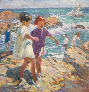 Dorothea Sharp, R.B.A., R.O.I., V.P.S.W.A. - Children On The Rocks (Verso), Treading Carefully (Recto)