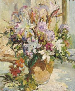 Dorothea Sharp, R.B.A., R.O.I., V.P.S.W.A. - Oriental lilies, ranunculus, amarylis amd sweet peas in an earthenware vase, on a window sill