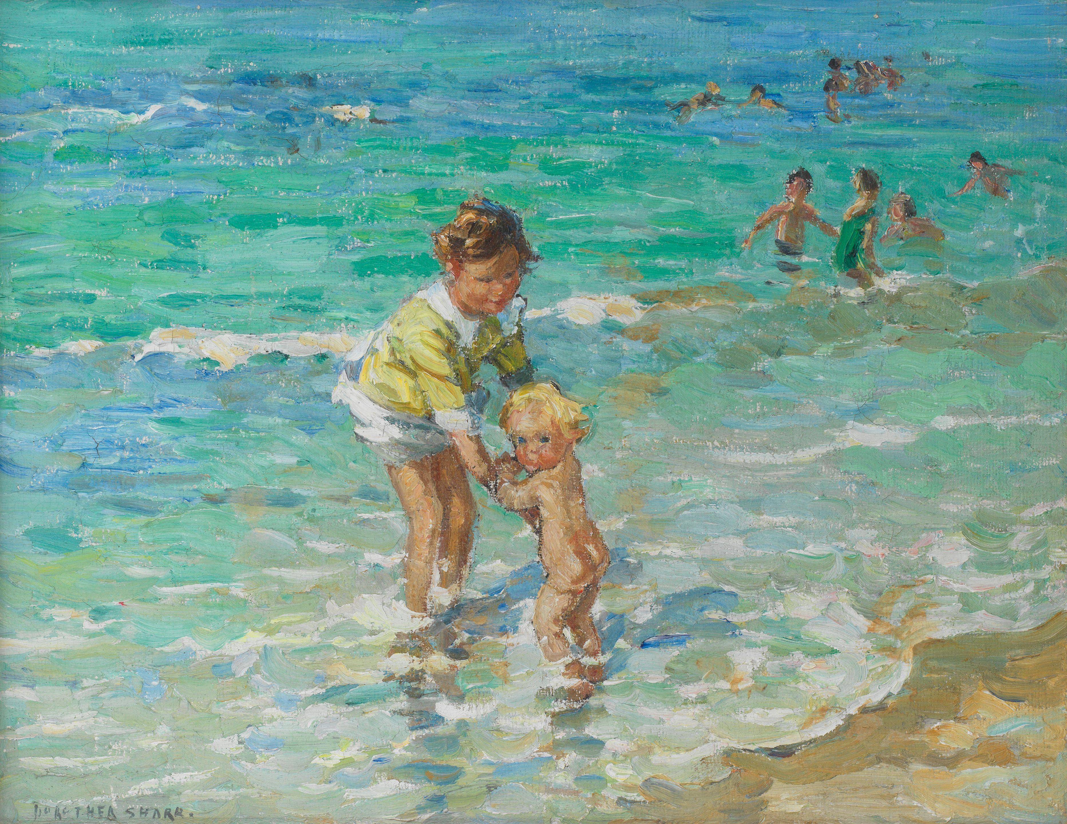 Dorothea Sharp R.B.A., R.O.I. - Children paddling at the water\'s edge