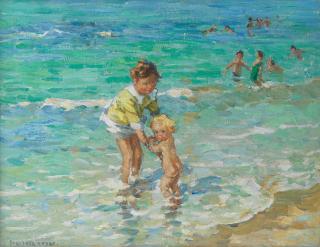 Dorothea Sharp R.B.A., R.O.I. - Children paddling at the water\'s edge