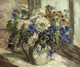 Dorothea Sharp, R.B.A., R.O.I. - Summer flowers in a jug, on a window sill