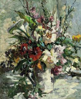 Dorothea Sharp, R.B.A., V.P.S.A.W. - Calla lilies, poppies, foxgloves, cornflowers, ferns and other blooms in a white vase on a table