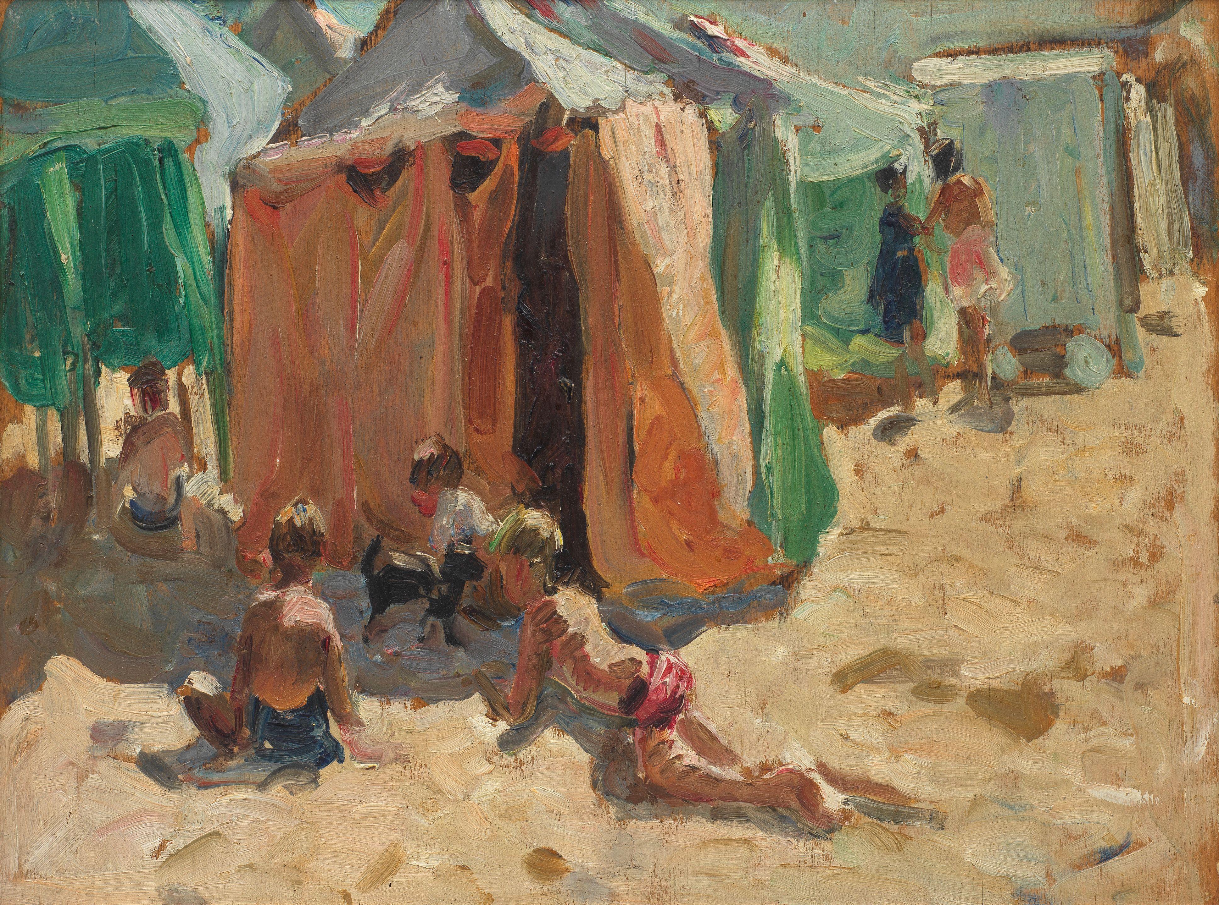 Dorothea Sharp, RBA, ROI - Boys with beach tents