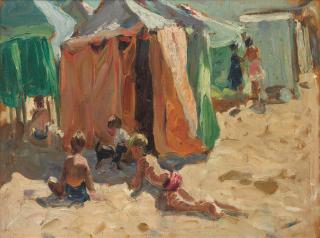 Dorothea Sharp, RBA, ROI - Boys with beach tents