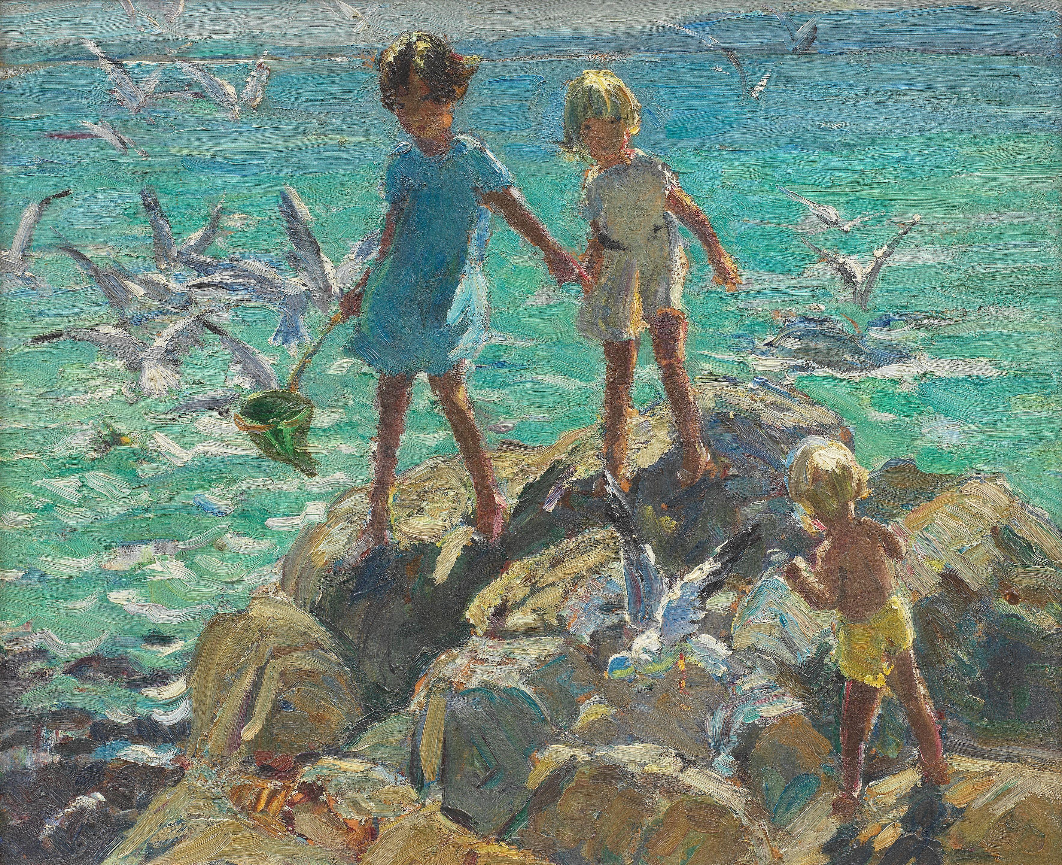 Dorothea Sharp, RBA, ROI - Children and gulls on the rocks