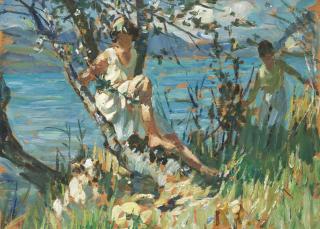 Dorothea Sharp, RBA, ROI - Figures by a lake, possibly Lake Thun, Switzerland