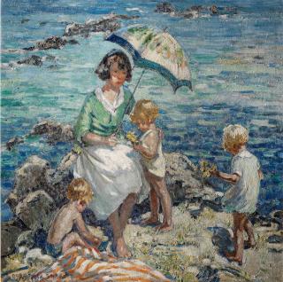 Dorothea Sharp, RBA, ROI - Picking flowers on a clifftop (recto), Playing on the beach (verso)