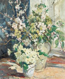 Dorothea Sharp, RBA, ROI - Primroses and apple blossom