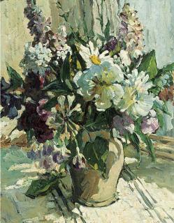 Dorothea Sharp - Honeysuckle, Daisies, Hollyhocks and Fuchsia on a Window Ledge