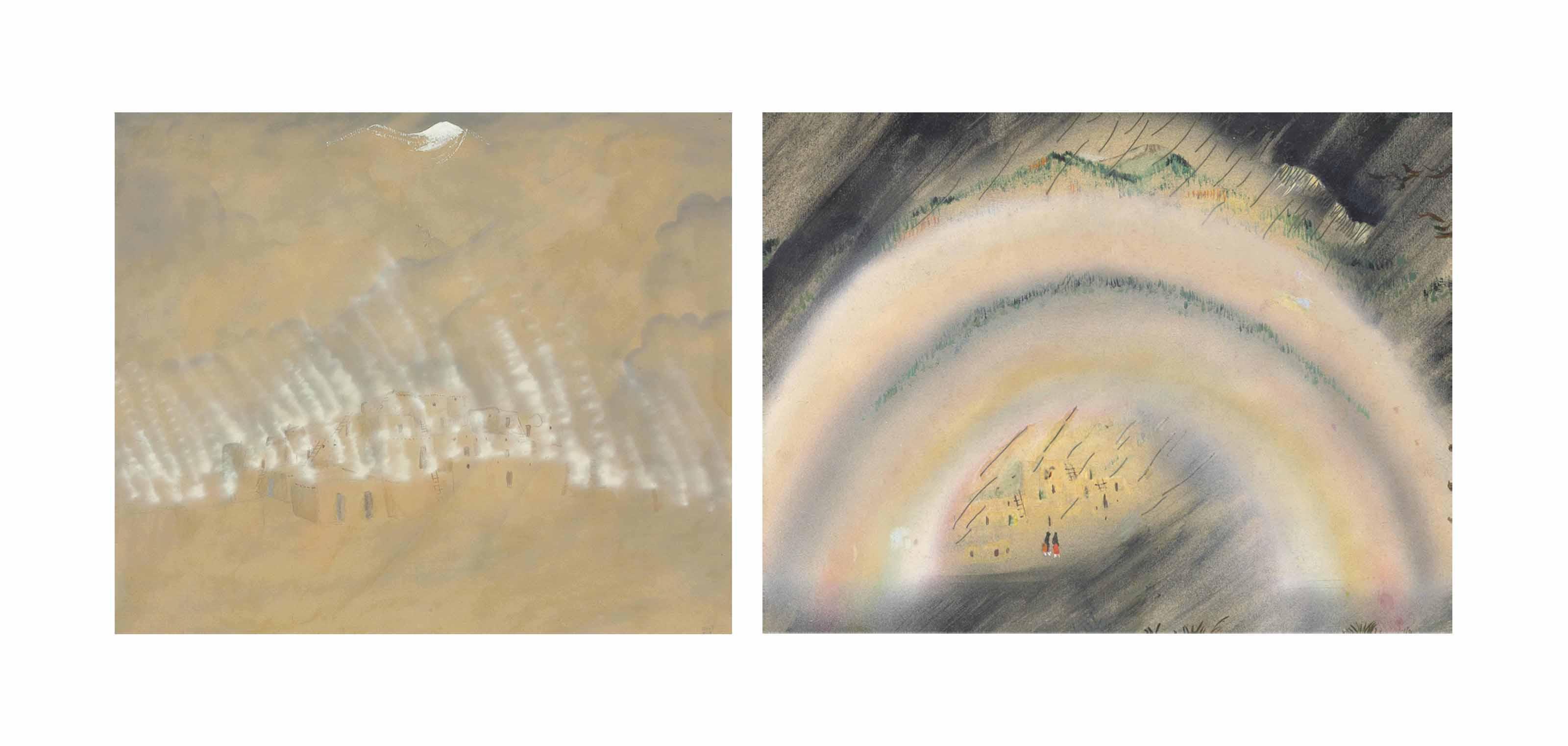 Dorothy Eugenie Brett - Pueblo; and Indians by a pueblo, rainbow and storm