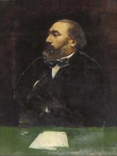 Dorothy Tennant - Portrait of Leon Gambetta (1838-1882), half-length, in a black jacket and white shirt, at a writing desk