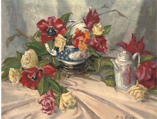 Douglas Stannus Gray - Poppies and roses in a bowl and on a table with a teapot