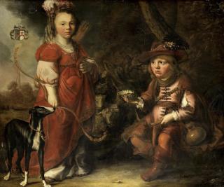 Douwe Juwes de Douwe - Portrait d\'un garçon et d\'une fille comme Granida et Daililo, dans un paysage