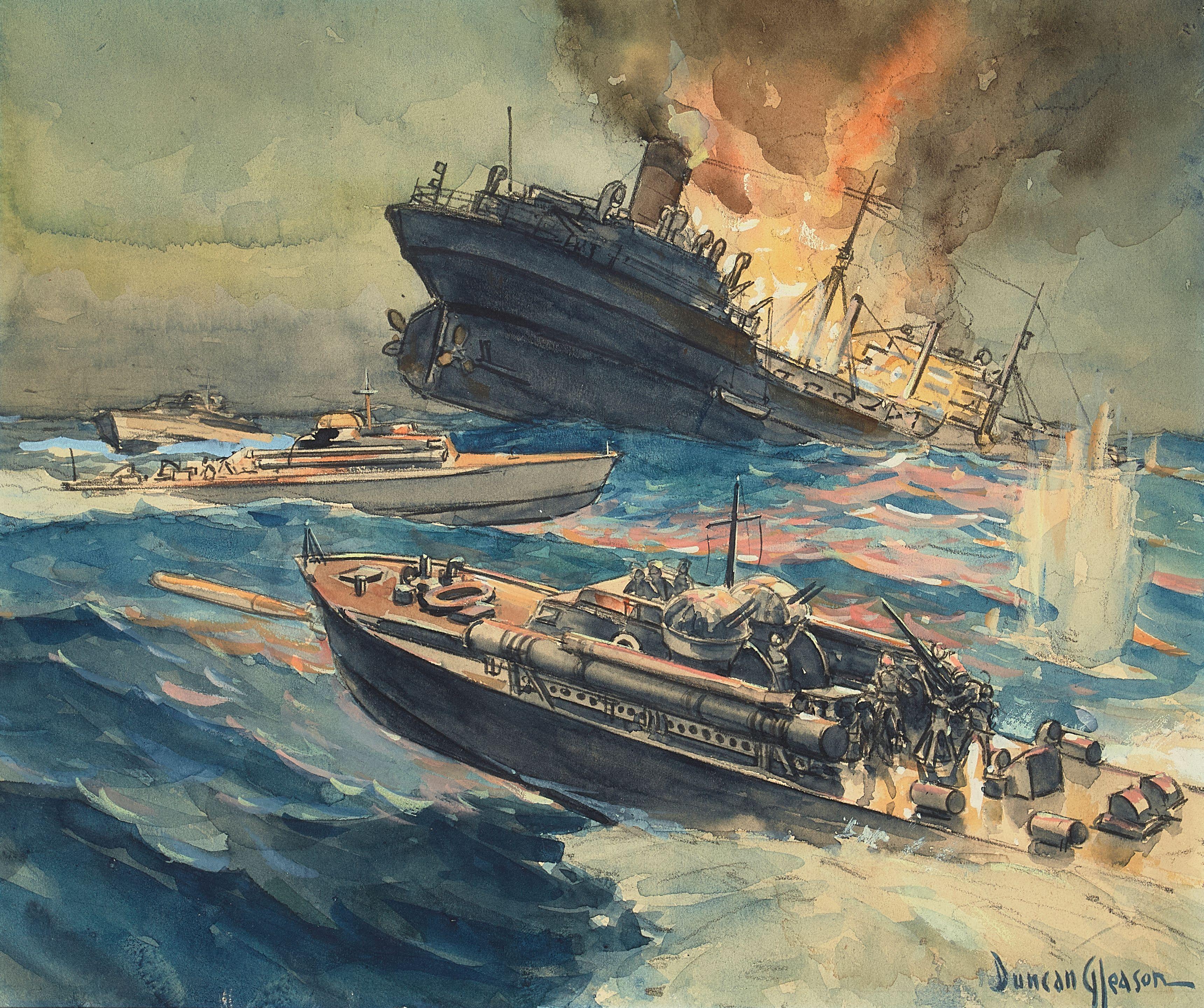 Duncan Gleason - Vosper P.T.s in Action and Crash Boats - Army Rescue Craft in Action (a group of two) first sight 8 1/2 x 10 in., second sight 7 1/2 x 9 in. first framed 15 x 16 3/4 in., second framed 14 x 15 3/4 in.