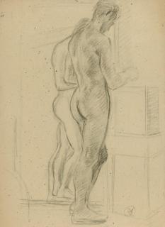 Duncan Grant - Paul Roche standing reading in front of a mirror; and Male nude walking in a landscape