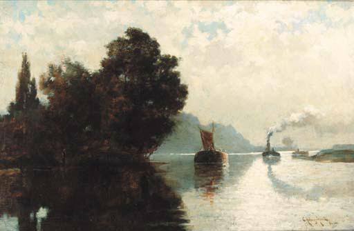 E. Aubrey Hunt - Barges on a river