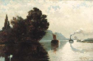 E. Aubrey Hunt - Barges on a river
