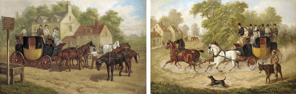 E.B. Herberte - A coach changing horses outside The Cock and Bottle; and The London-to-St. Albans Coach