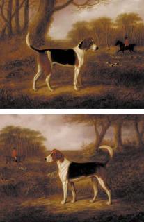 E. Brown - Forrester, a hound in a landscape with a hunt beyond; and Rutland, a hound in a landscape with a hunt beyond
