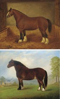 E. Mitchell - A heavy horse in a field; and A heavy horse in a stable