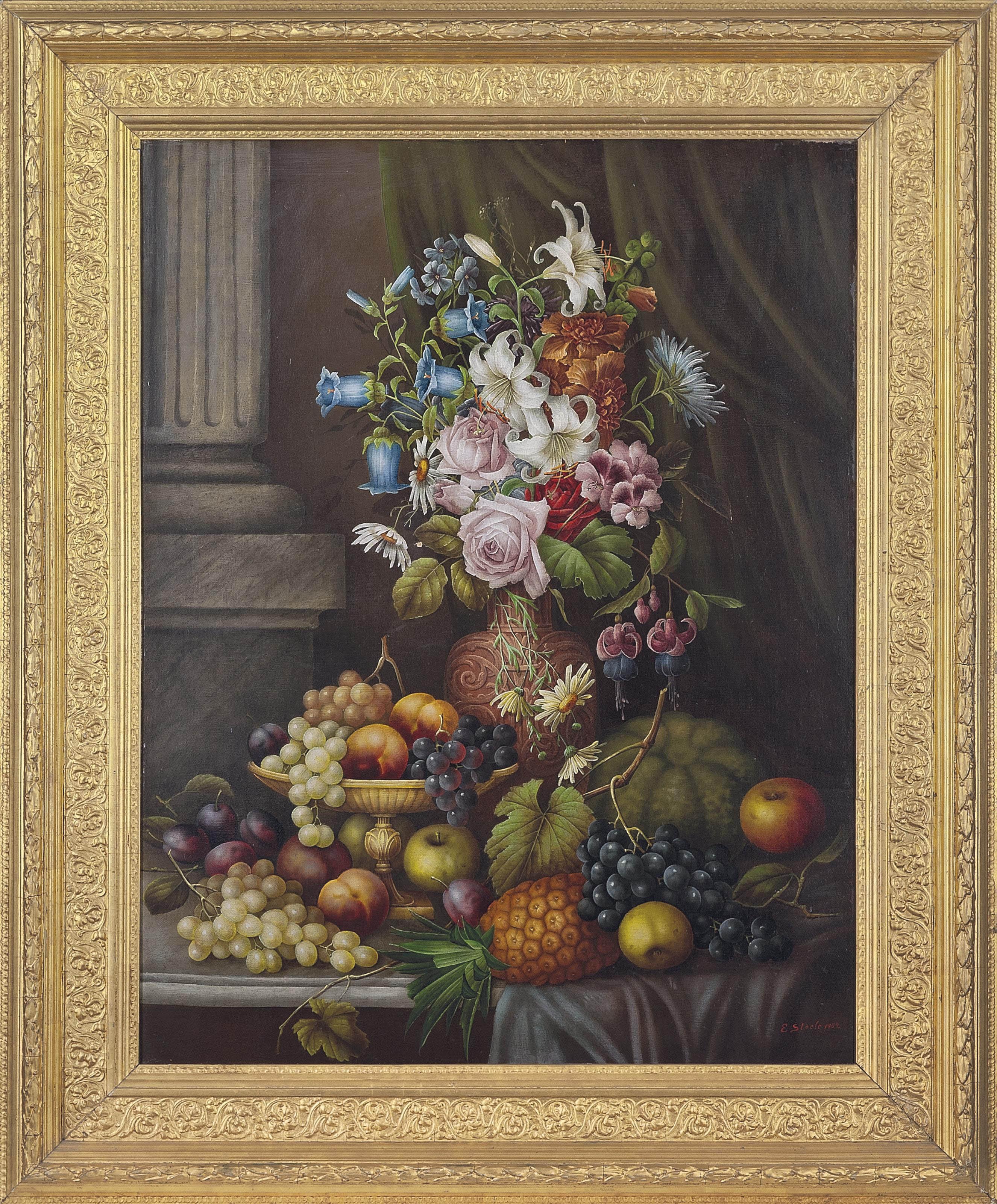 E. Steele - Flowers In A Vase, Grapes, Pineapple, Apples, And Plums On A Stone Ledge