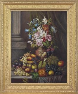 E. Steele - Flowers In A Vase, Grapes, Pineapple, Apples, And Plums On A Stone Ledge