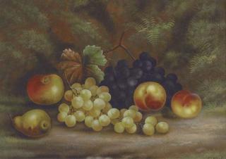 E. Steele - Grapes, peaches, an apple and a pear on a mossy bank