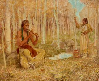 Eanger Irving Couse - Flute Courtship 30 x 36 in. framed 39 x 45 in.
