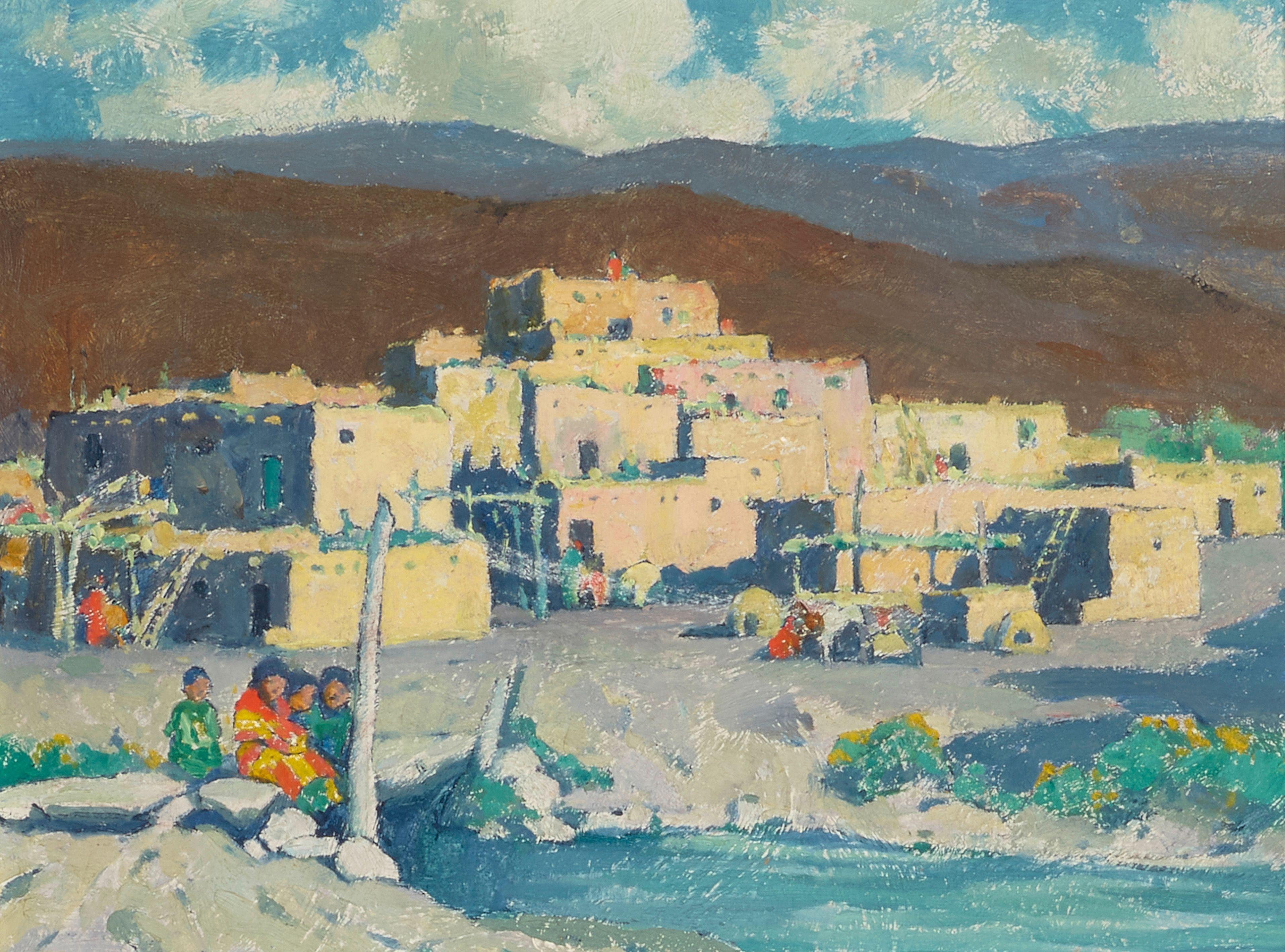 Eanger Irving Couse - Taos Pueblo, 1st Skyscrapers in America 9 x 12 in. framed 14 x 16 1/2 in.