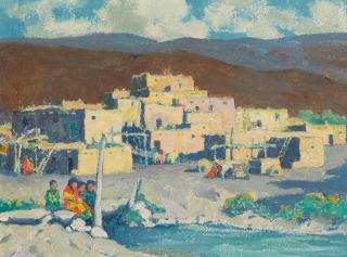 Eanger Irving Couse - Taos Pueblo, 1st Skyscrapers in America 9 x 12 in. framed 14 x 16 1/2 in.