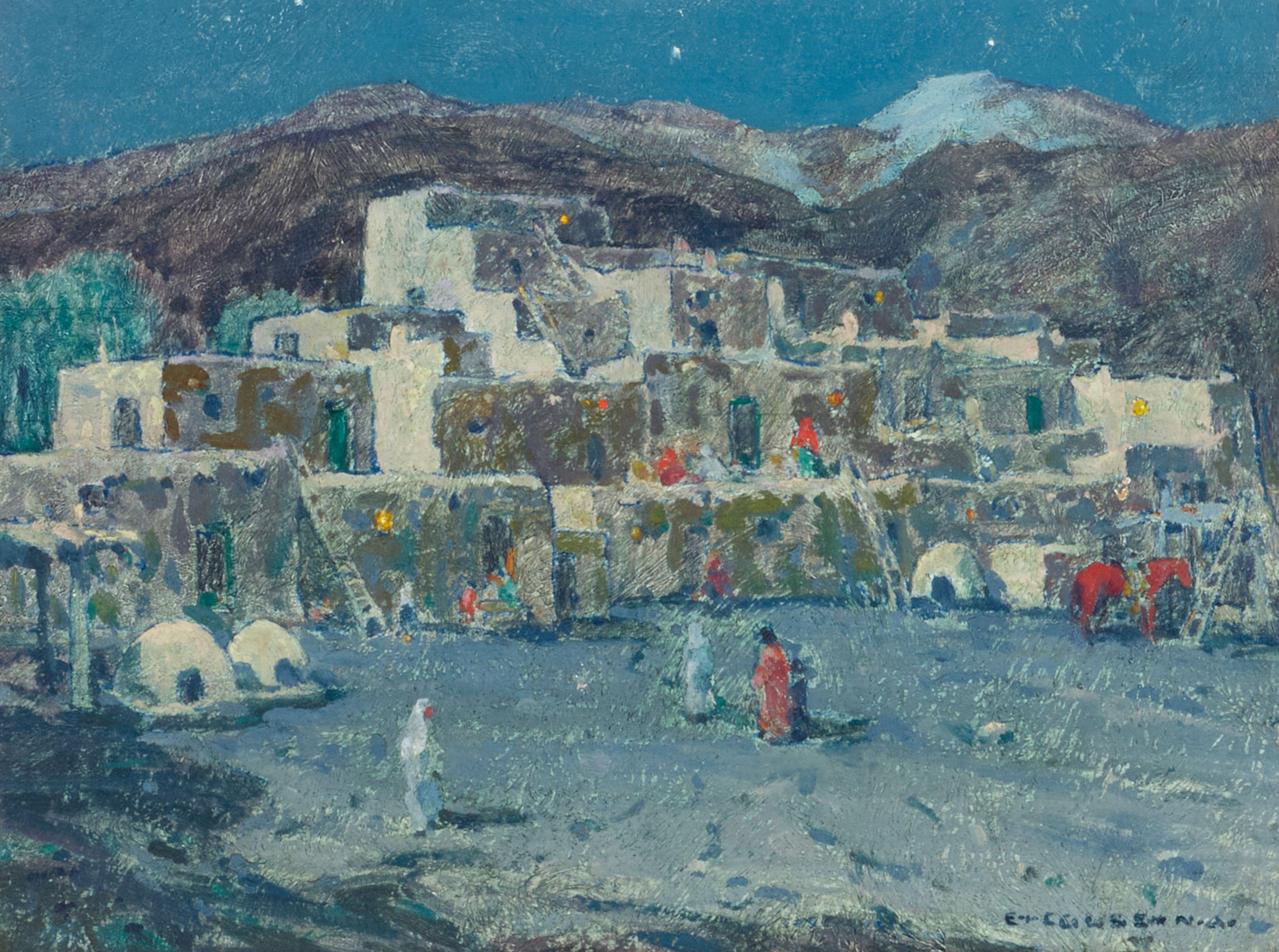 Eanger Irving Couse - Taos Pueblo at Night 9 x 12 in. framed 12 1/2 x 15 1/2 in.