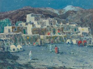 Eanger Irving Couse - Taos Pueblo at Night 9 x 12 in. framed 12 1/2 x 15 1/2 in.