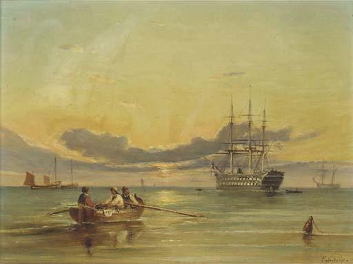 Ebenezer Colls - A screw two-decker lying at anchor at dusk