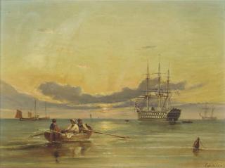 Ebenezer Colls - A screw two-decker lying at anchor at dusk
