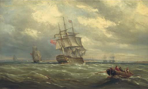 Ebenezer Colls - A three-decker reducing sail in Spithead in preparation for her arrival into Portsmouth Harbour