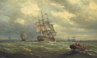Ebenezer Colls - A three-decker reducing sail in Spithead in preparation for her arrival into Portsmouth Harbour