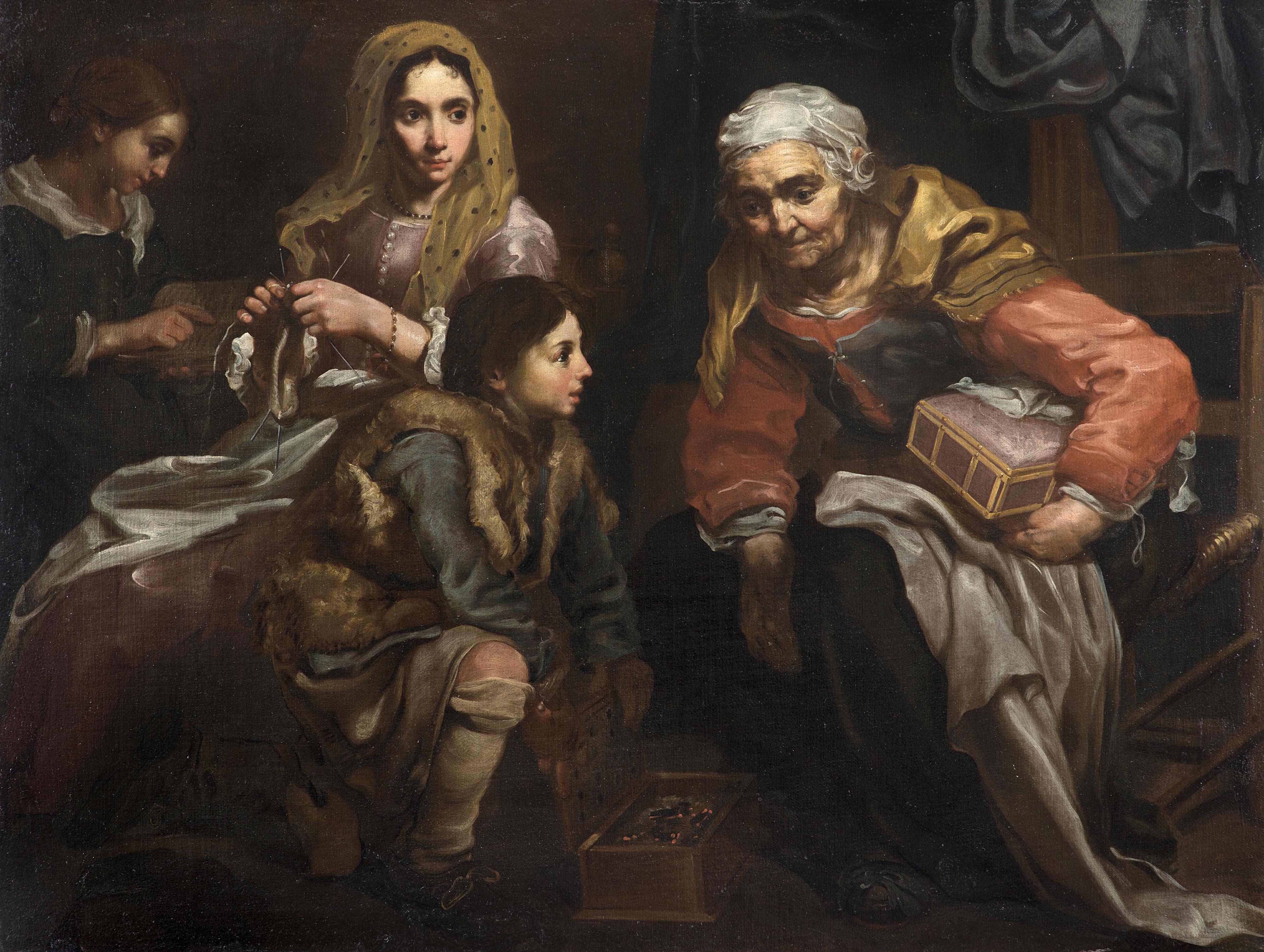 Eberhard Keilhau - Scena d\'interno con fanciulla, vecchia e due giovani