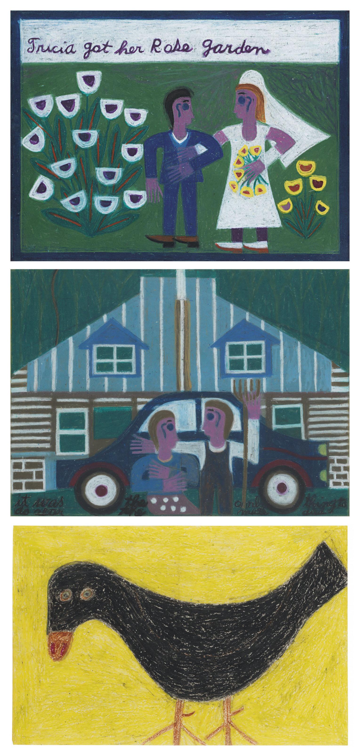 Eddie Arning - Tricia Got Her Rose Garden, It Was the Only Thing to Do After the Mule Died, and Untitled (Crow with Yellow Background), circa 1975-1970, three drawings