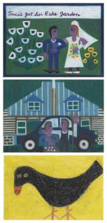 Eddie Arning - Tricia Got Her Rose Garden, It Was the Only Thing to Do After the Mule Died, and Untitled (Crow with Yellow Background), circa 1975-1970, three drawings