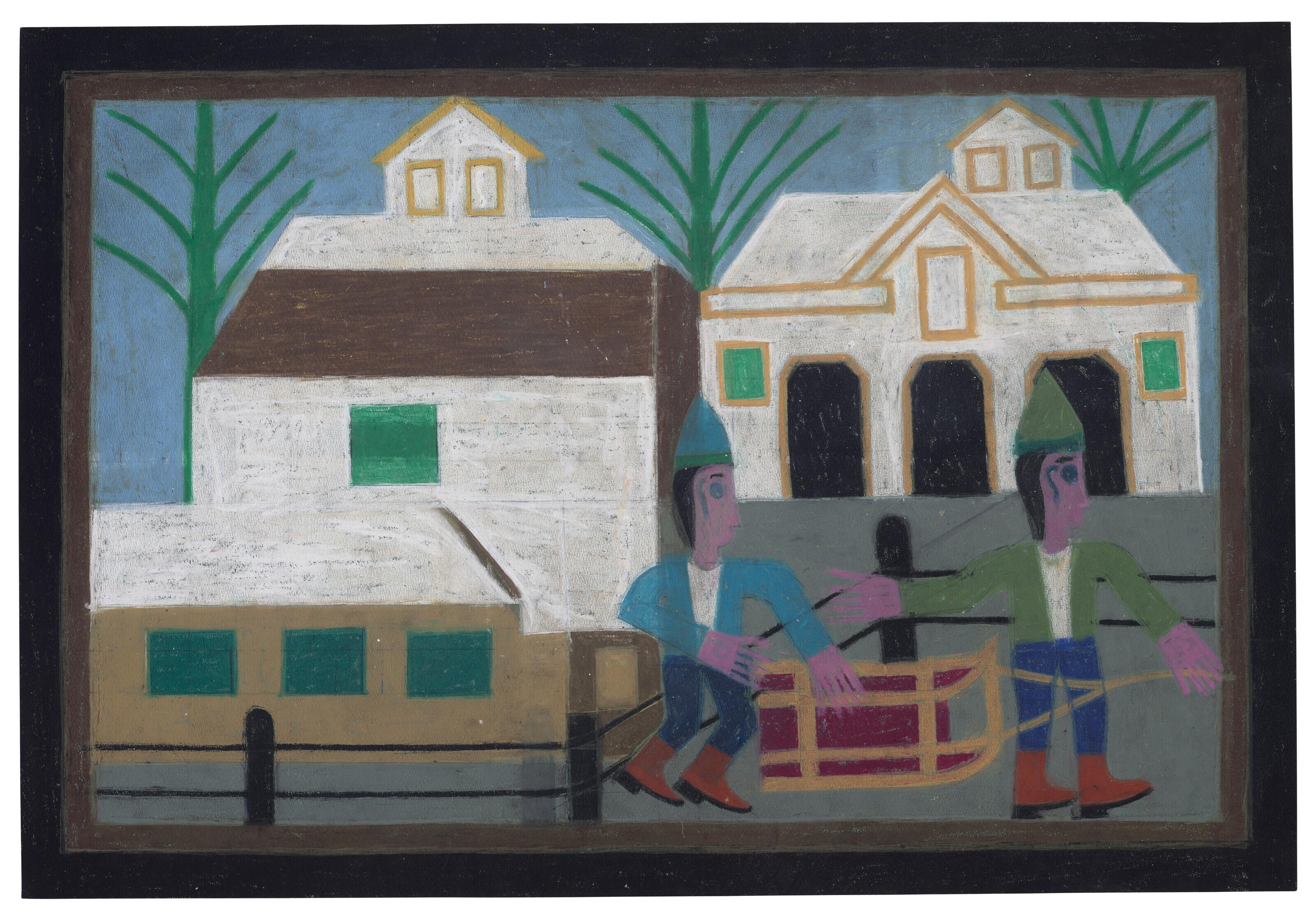 Eddie Arning - Untitled (Two Men with Sled)