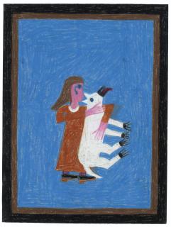 Eddie Arning - Woman with Dog on Blue