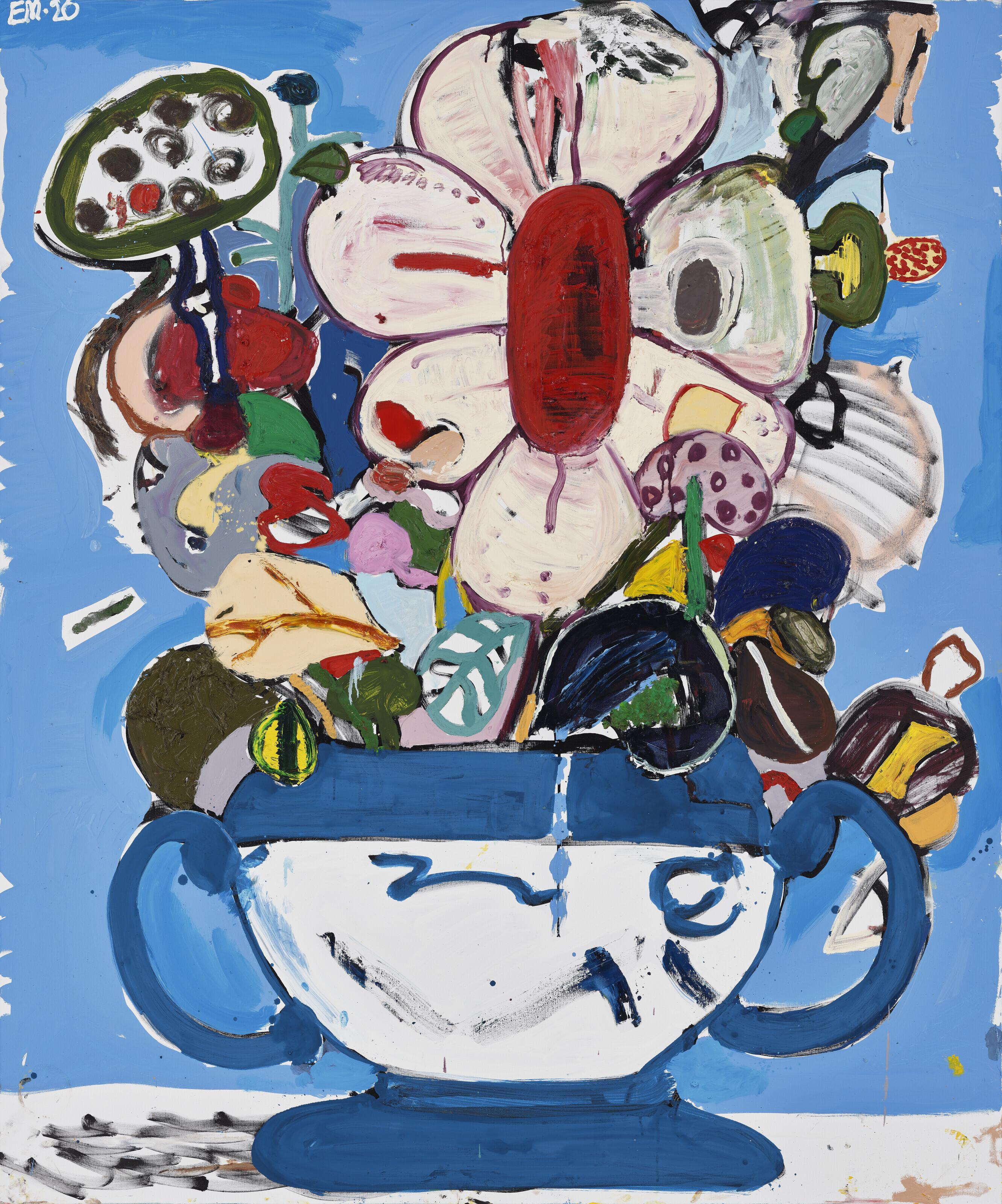 Eddie Martinez - Untitled (Flower pot with blue background)