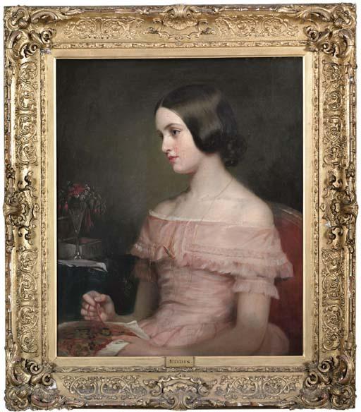 Eden Upton Eddis - Portrait of Lady Elizabeth Scott (d.1862), seated half-length, in a pink dress, holding a tapestry