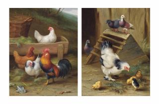 Edgar Hunt - A cockerel and his hens; and A mother hen and her chicks